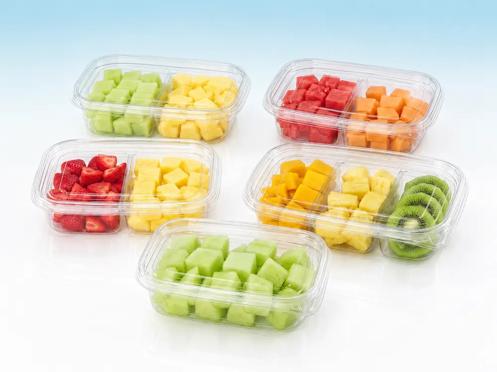 Multi-compartment clear PET fruit containers for fresh-cut melon, pineapple, watermelon and kiwi packaging