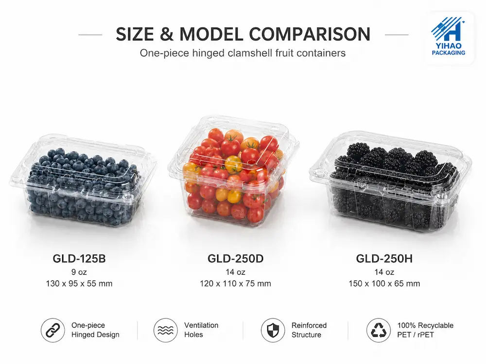 GLD-125B GLD-250D and GLD-250H one-piece hinged clamshell fruit container size comparison