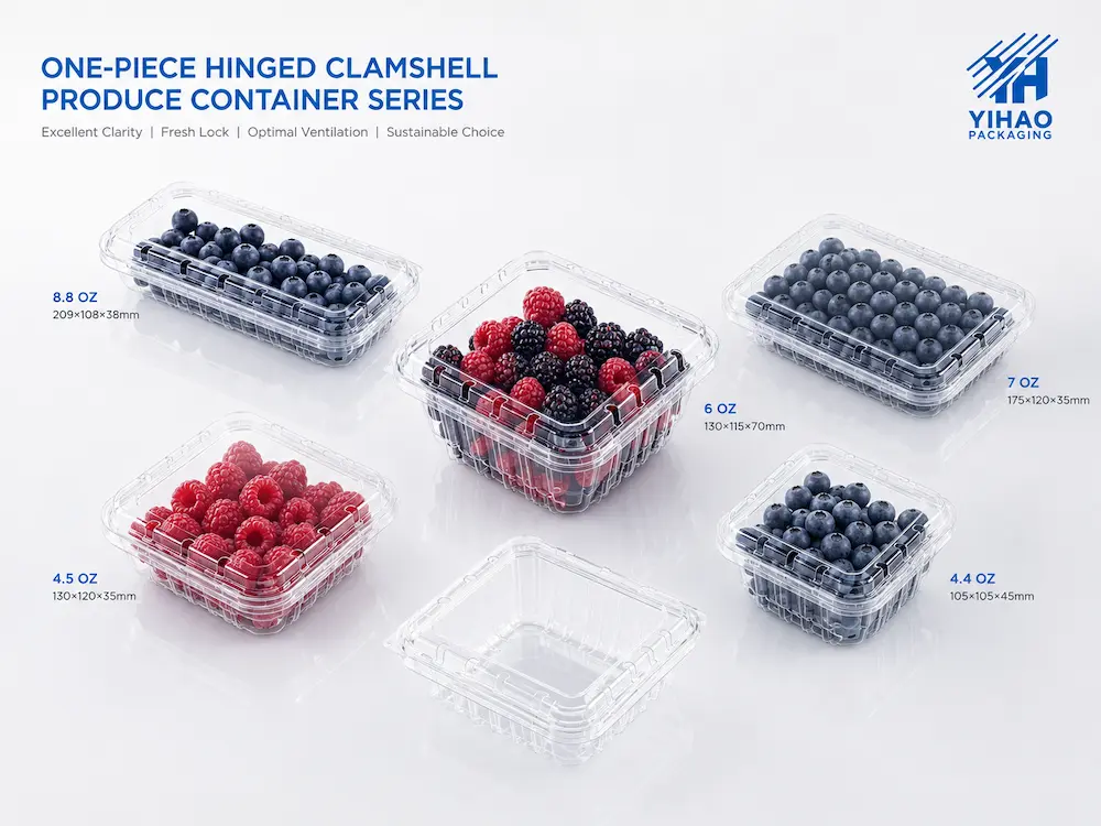 One piece hinged clamshell produce container series for berries and fresh fruit packaging