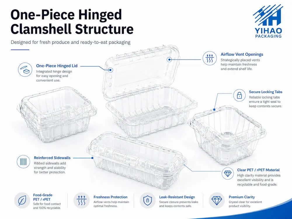 Wholesale Airflow Clamshell Packaging: Manufacturer and Supplier Checklist 2 One-piece hinged clamshell structure with airflow vents and secure locking tabs