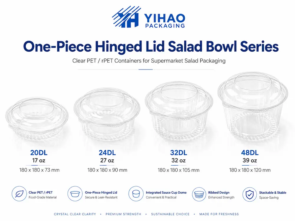 One-piece hinged lid clear PET rPET salad bowl series for supermarket packaging