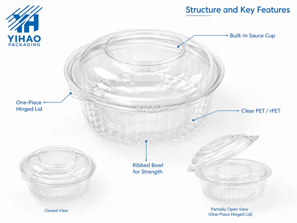 Structure details of one-piece hinged lid PET salad bowl with sauce cup dome
