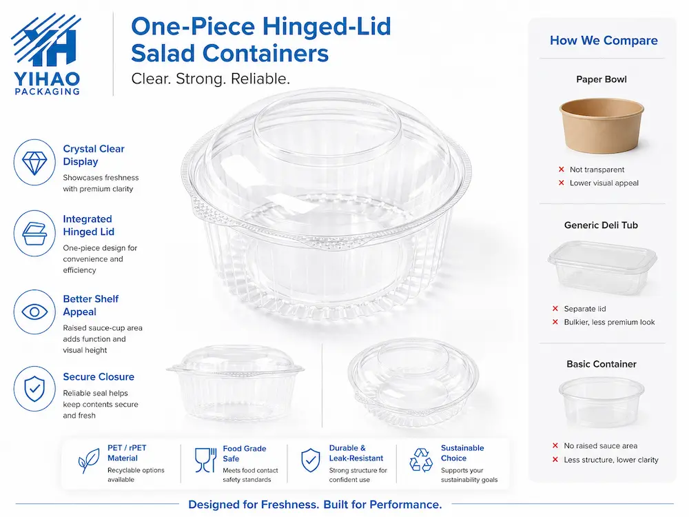 Clear Salad Bowls vs Alternative Packaging: A Buyer’s Guide for Chilled Salad Packaging 1 One-piece hinged-lid salad container comparison with paper bowls and generic deli tubs