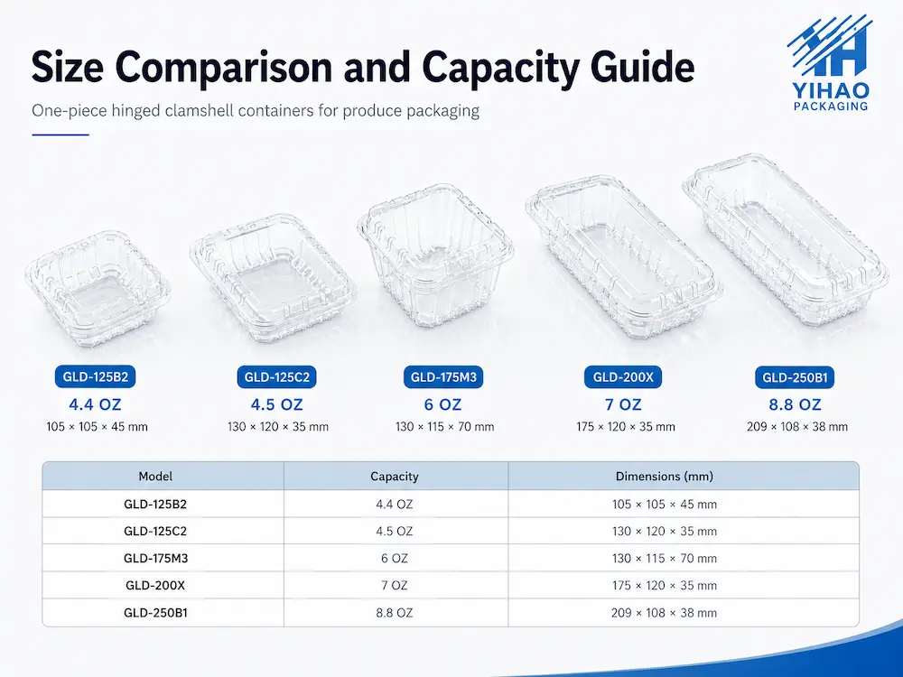 Wholesale Airflow Clamshell Packaging: Manufacturer and Supplier Checklist 1 Size comparison and capacity guide for one-piece hinged produce clamshell containers