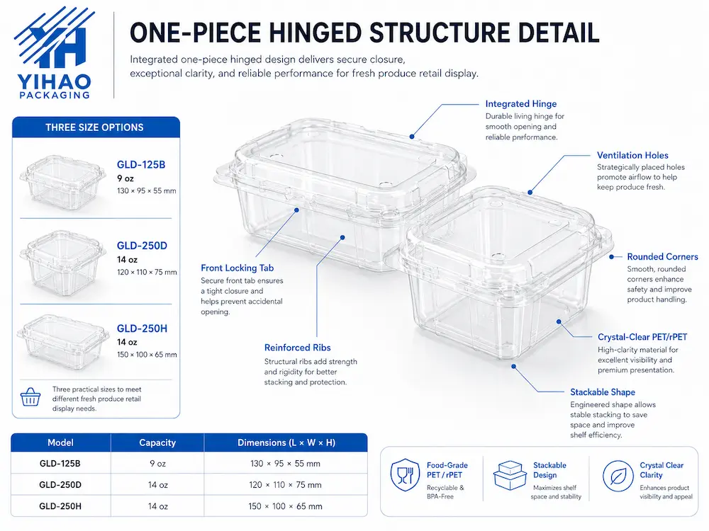 Fresh Produce Retail Display FAQ: Materials, Sizes, Uses, and Ordering Questions 5 One-piece hinged PET rPET produce container structure detail with hinge vents ribs and lock