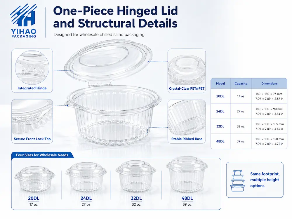Chilled Salad Packaging FAQ: Materials, Sizes, Uses, and Ordering Questions 4 One-piece hinged lid salad container with integrated hinge, front lock tab, and ribbed base details