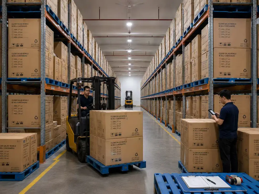 Organized food packaging warehouse with stacked cartons, pallets, and forklift handling wholesale inventory