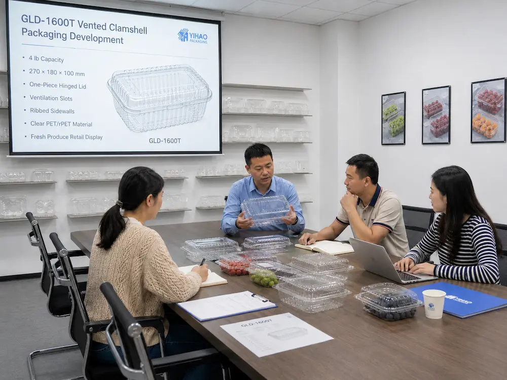 Vented Packaging Design for Fresh Produce, Cafes, Bakeries, and Foodservice Brands 6 Packaging development meeting reviewing GLD-1600T vented clamshell samples and clear PET produce containers