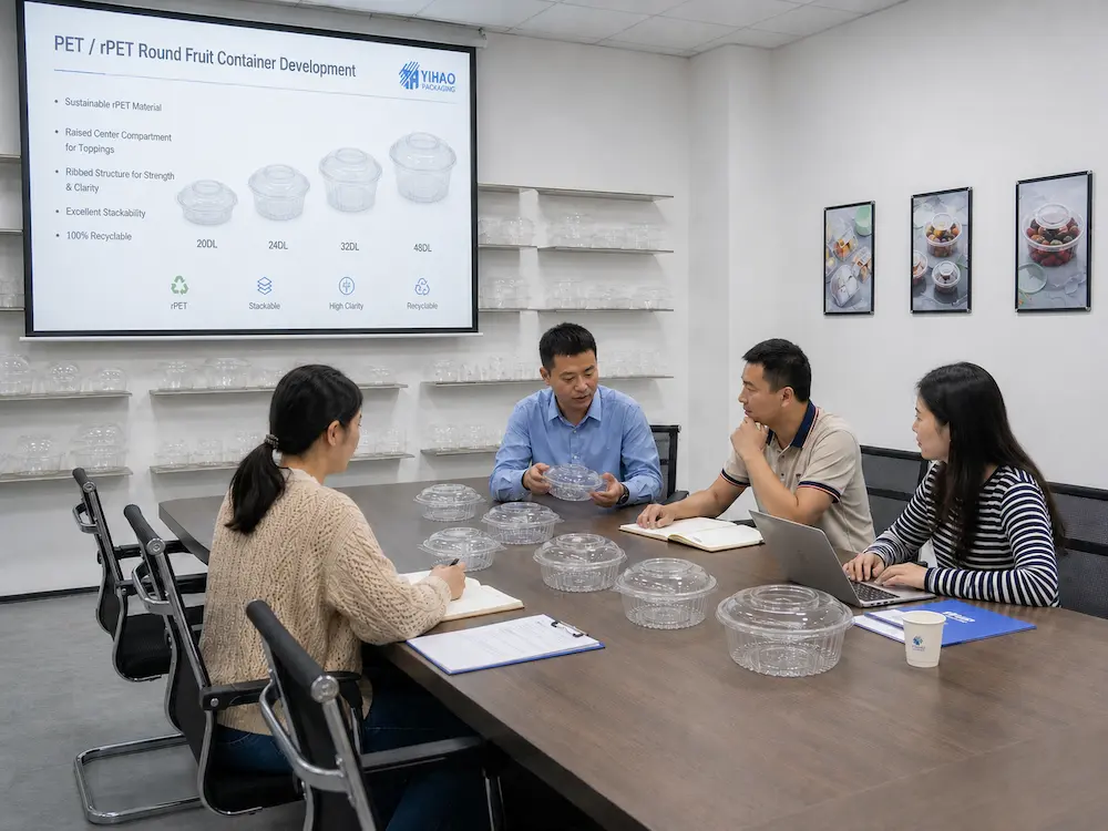 Packaging manufacturer team reviewing clear PET rPET salad container samples
