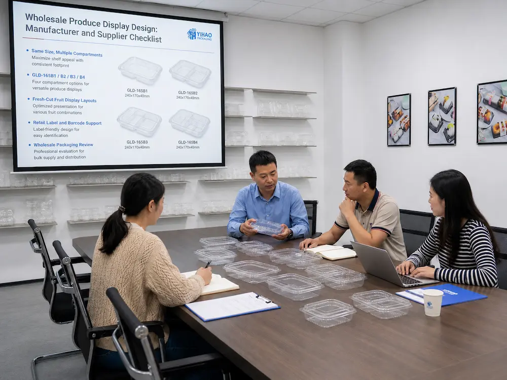 Packaging manufacturer sample review meeting for GLD-165B clear PET produce tray design and wholesale buyer checklist
