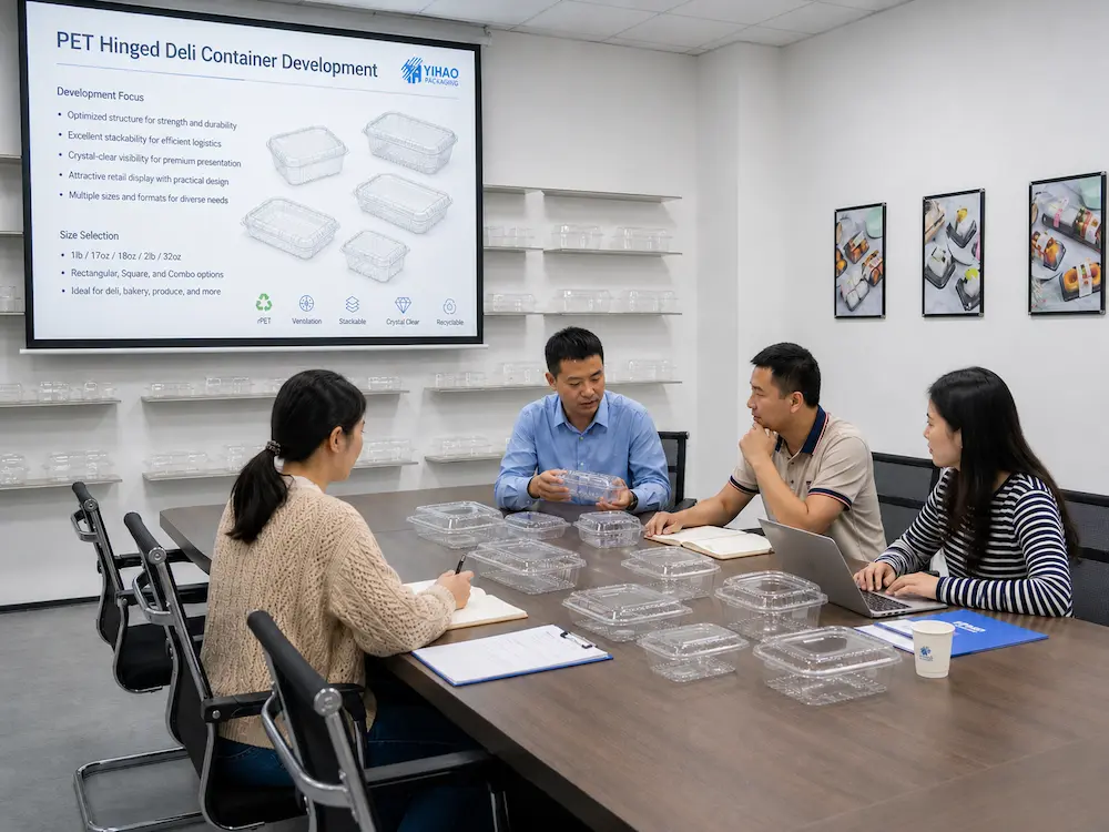YIHAO packaging team reviewing clear PET hinged containers for berry and produce packaging development