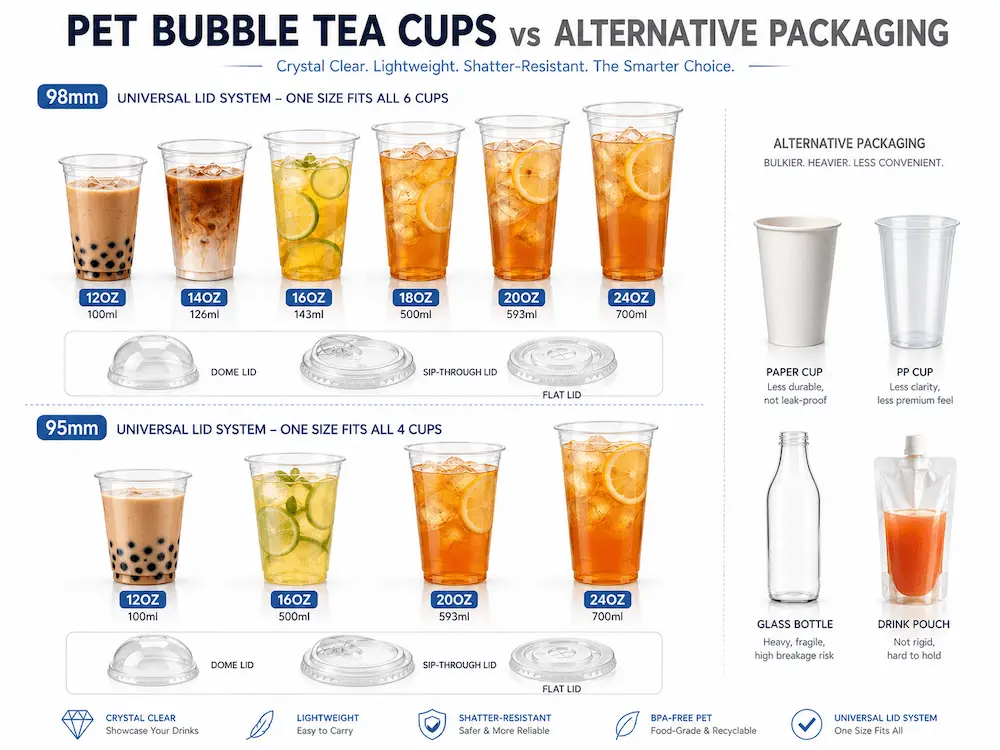 PET bubble tea cups compared with alternative beverage packaging, showing clear cold cups, lids, paper cups, PP cups, glass bottles, and drink pouches