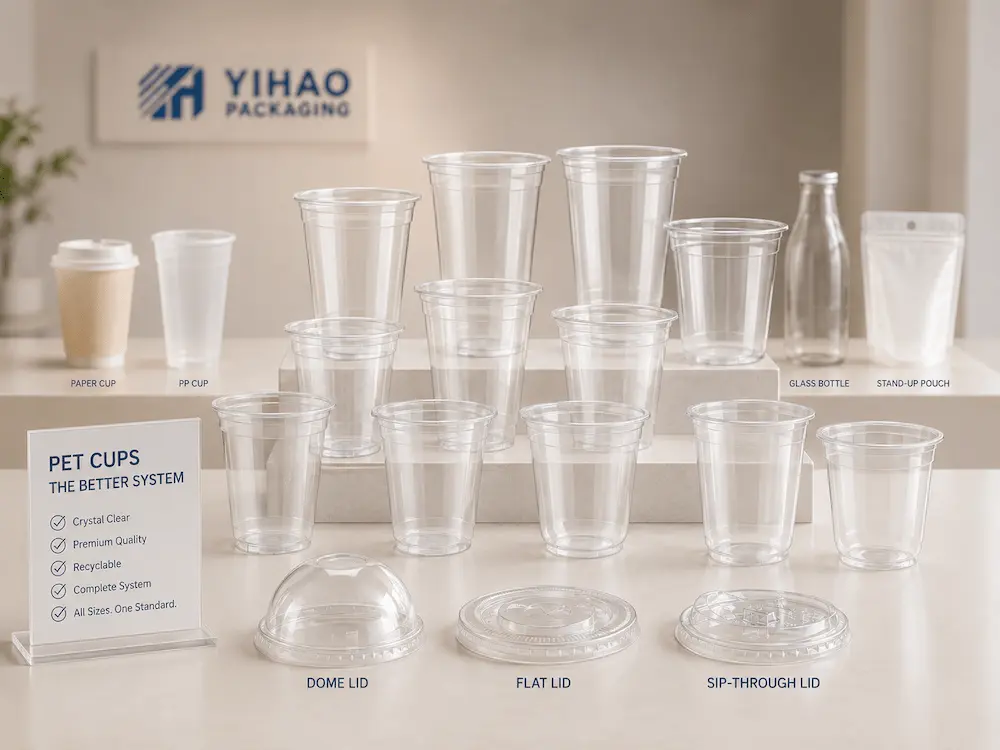 PET Bubble Tea Cups vs Alternative Packaging: How Buyers Should Choose 5 PET cold cup system with multiple cup sizes, dome lids, flat lids, and sip-through lids for beverage packaging
