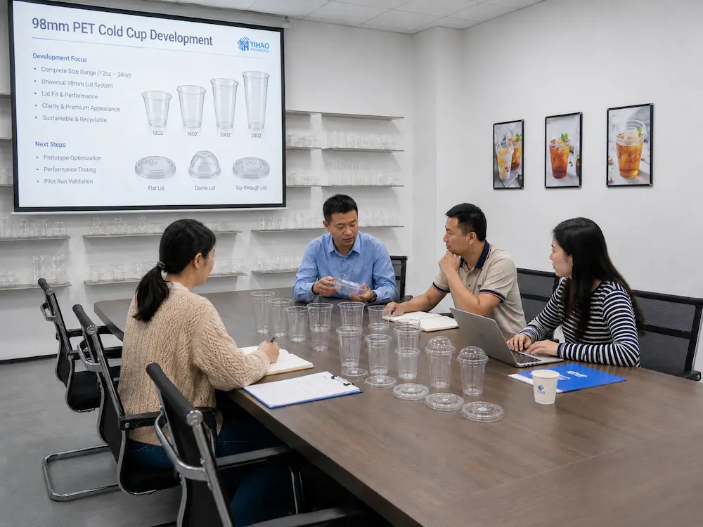 Iced Tea Cups FAQ: Materials, Sizes, Uses, and Ordering Questions 7 YIHAO team reviewing PET cold cup samples and lid compatibility during product development