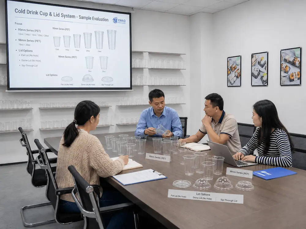 Flat Lid Compatibility for Supermarkets, Cafes, Bakeries, and Foodservice Brands 7 B2B sample evaluation meeting for PET cold cups flat lids dome lids and sip-through lids