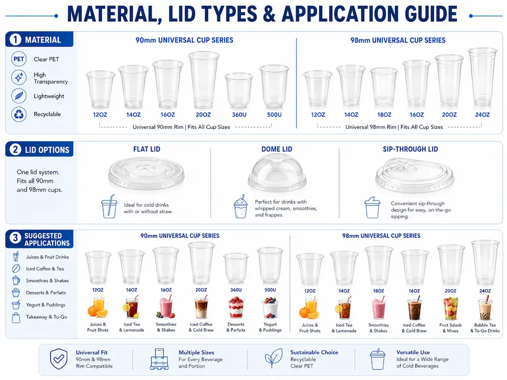 Cold Cup Size and Lid Compatibility System Complete Guide 3 PET material lid types and application guide for cold cup packaging buyers