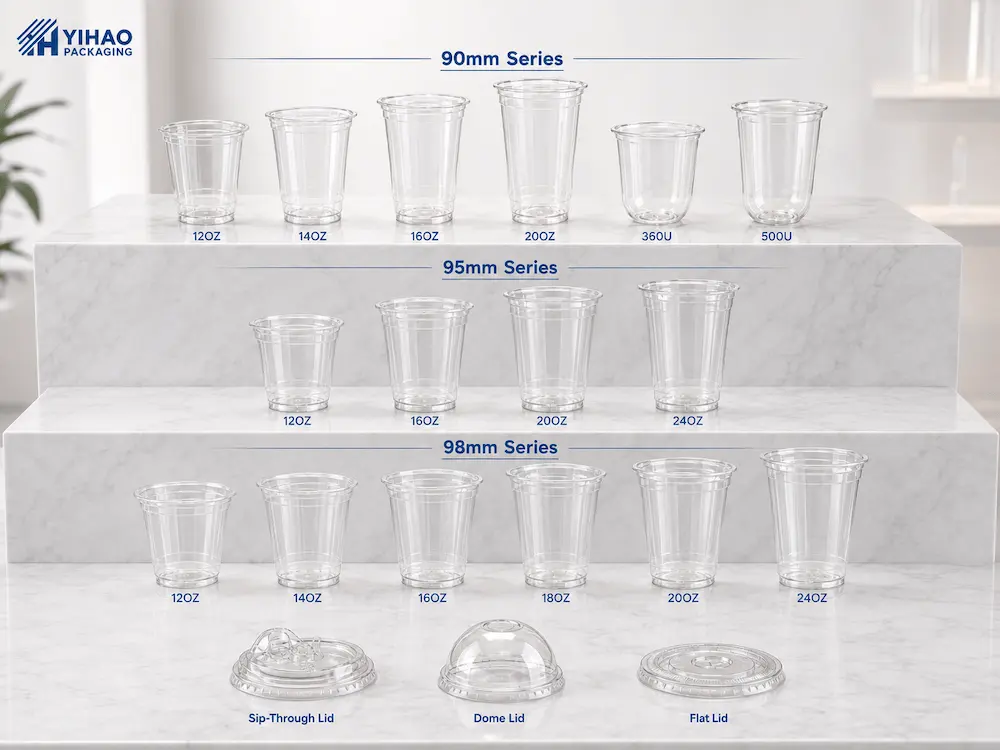 90mm 95mm and 98mm PET cold cup series comparison with matching lids