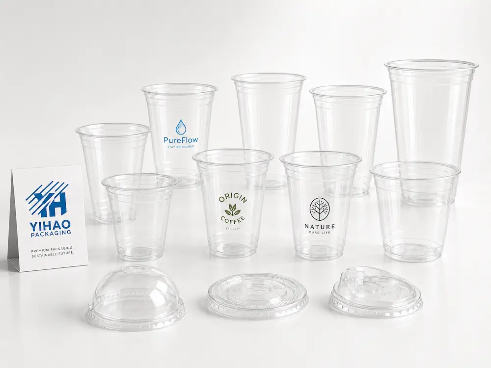 Wholesale Cold Cups: Buyer Guide for Food Packaging Teams 2 Clear PET cold cups with flat lids, dome lids and sip-through lids for wholesale beverage packaging