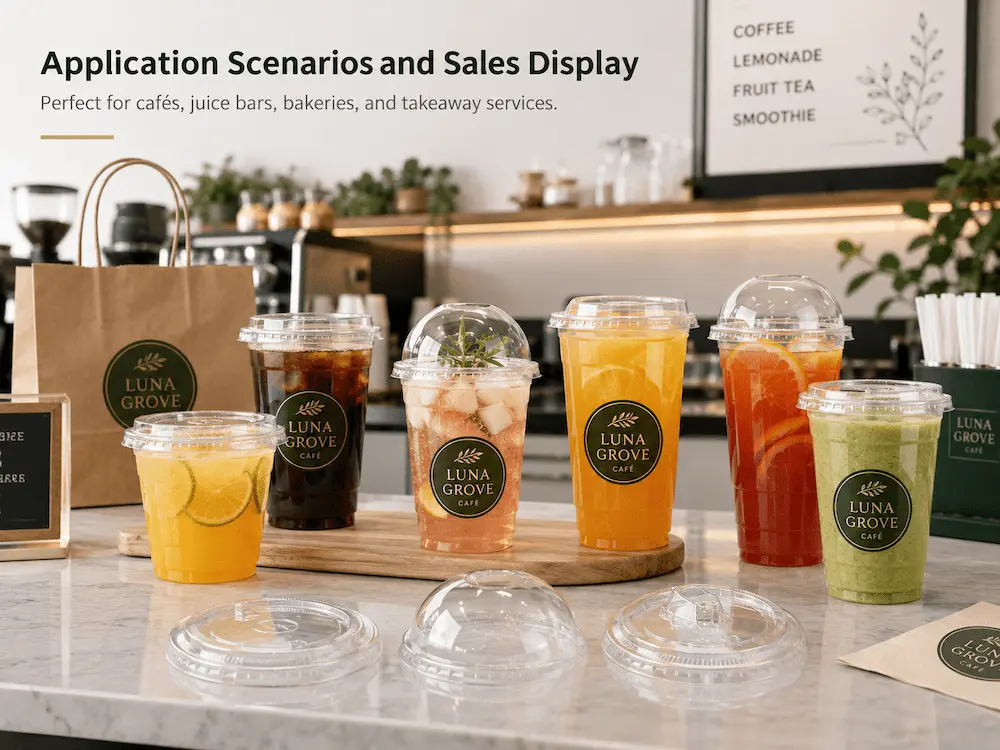 PET cold cups with iced coffee, lemonade, fruit tea, and smoothies in a café display