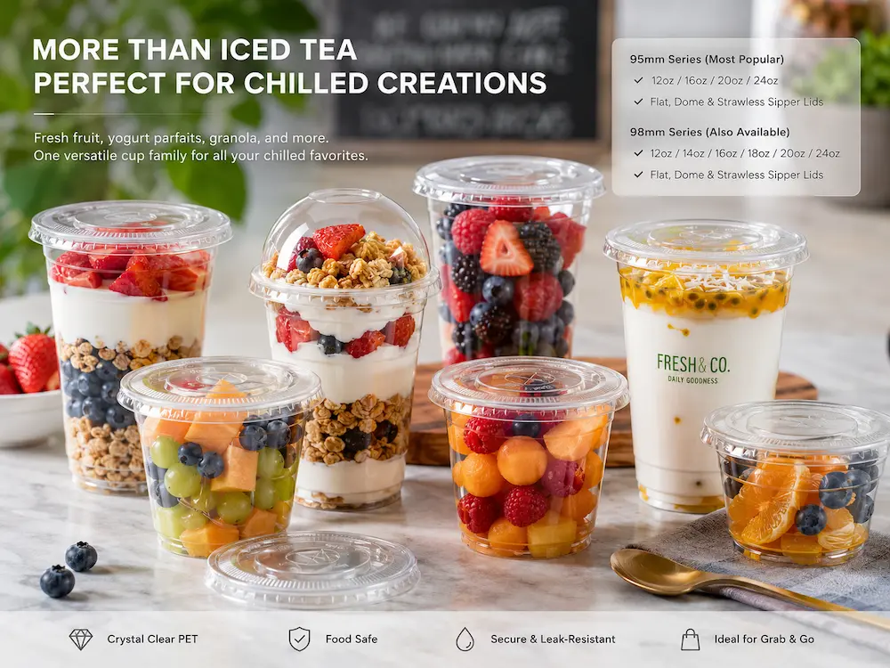 Iced Tea Cups FAQ: Materials, Sizes, Uses, and Ordering Questions 3 Clear PET cups used for fruit, yogurt parfaits, granola, and chilled grab-and-go foods