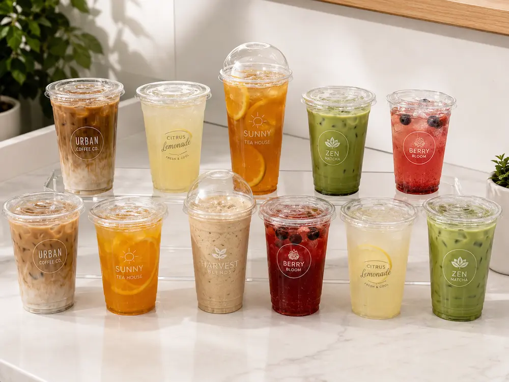 Best Cold Cup Supplier for Retail Display, Takeaway, and Chilled Food 3 Clear PET cold cups filled with iced coffee, lemonade, tea, matcha, smoothies, and fruit refreshers.