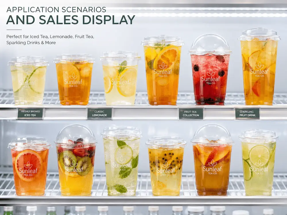 Clear PET cold cups for iced tea, lemonade, fruit tea, and sparkling drinks in refrigerated display