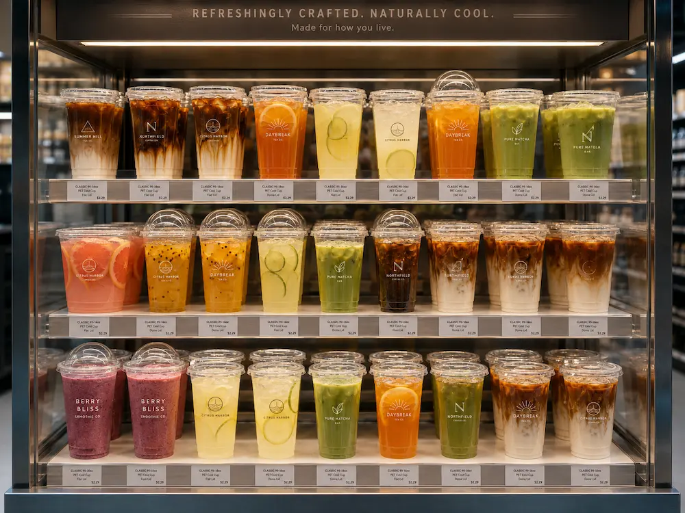 PET cold cups in refrigerated grab-and-go display for fruit tea iced coffee smoothies and matcha drinks