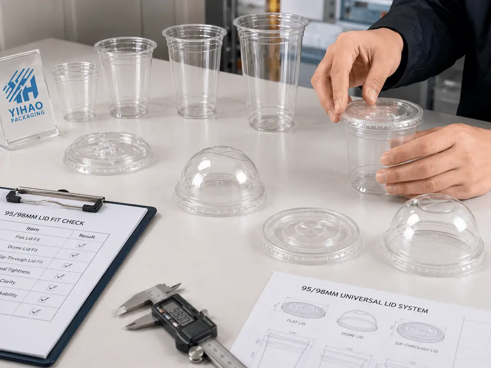 Wholesale PET Cup Lid System: Manufacturer and Supplier Checklist 6 PET cup lid fit check with clear cold cups, flat lids, dome lids, sipper lids, caliper, and sample testing checklist