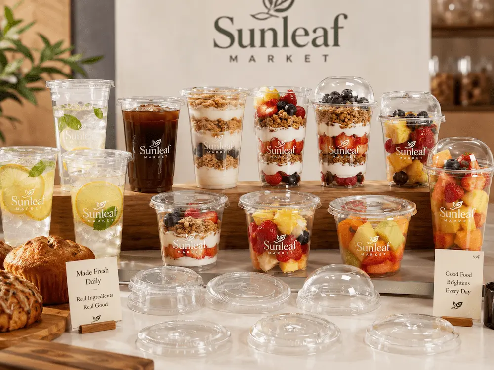 Wholesale PET Cup Lid System: Manufacturer and Supplier Checklist 9 Clear PET cups with flat lids and dome lids for cold drinks, fruit cups, yogurt parfaits, and dessert packaging
