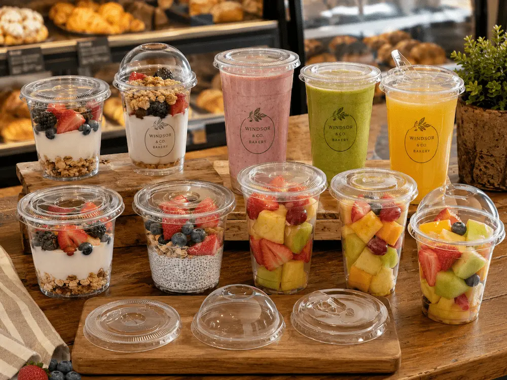 Wholesale PET Cup Lid System: Manufacturer and Supplier Checklist 3 Clear PET cups with flat lids and dome lids for smoothies, fruit cups, yogurt parfaits, and bakery drink packaging