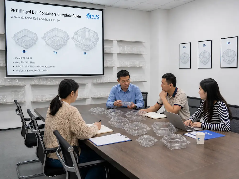 PET deli container manufacturer sample review meeting for wholesale packaging selection and buyer support