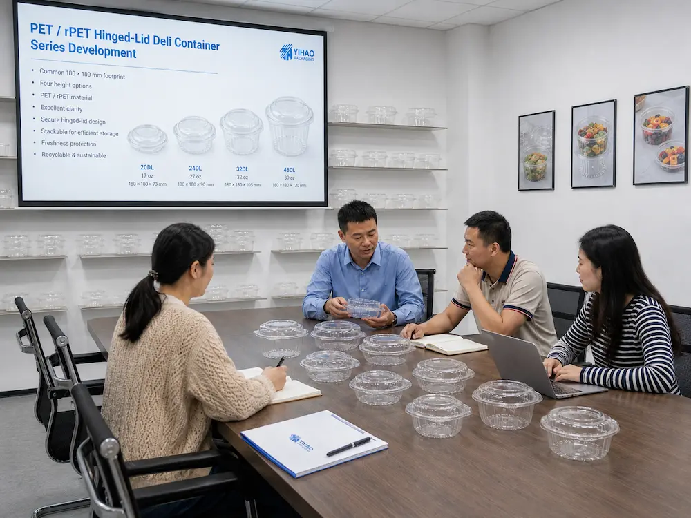 PET deli container sample testing and product development meeting with clear packaging samples