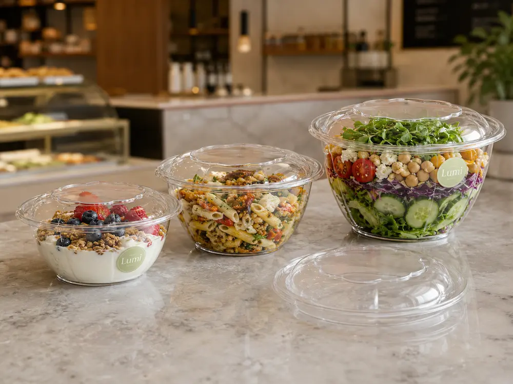 Clear PET deli containers for salads, fruit, yogurt, and pasta salad in chilled food display