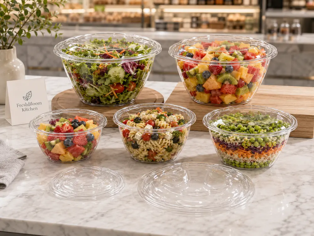 PET deli containers for salad, fruit, pasta, edamame, and chilled ready-to-eat food