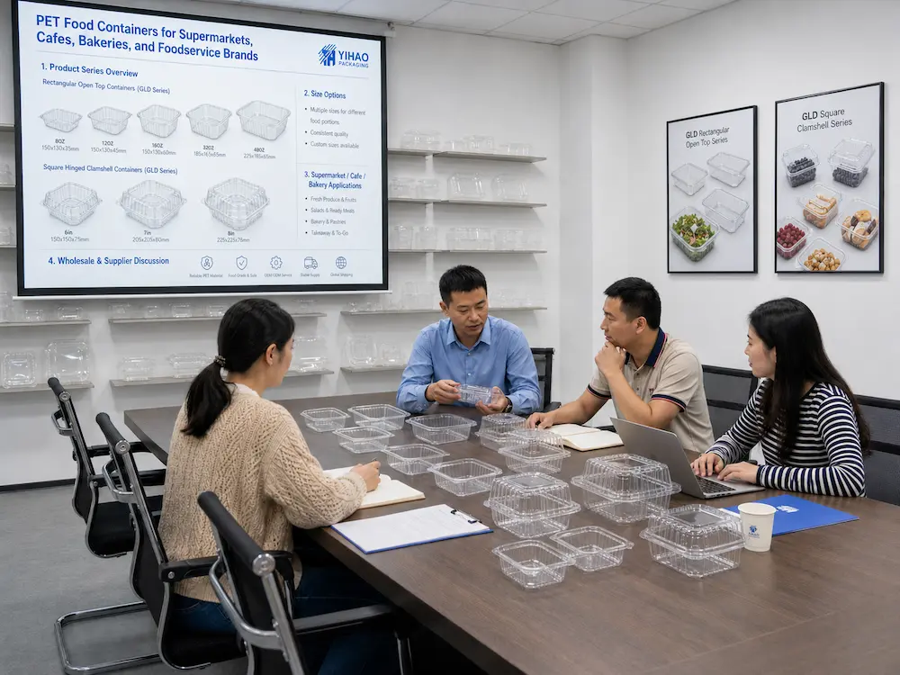 PET food container sample discussion with buyers reviewing clear packaging options in a supplier meeting