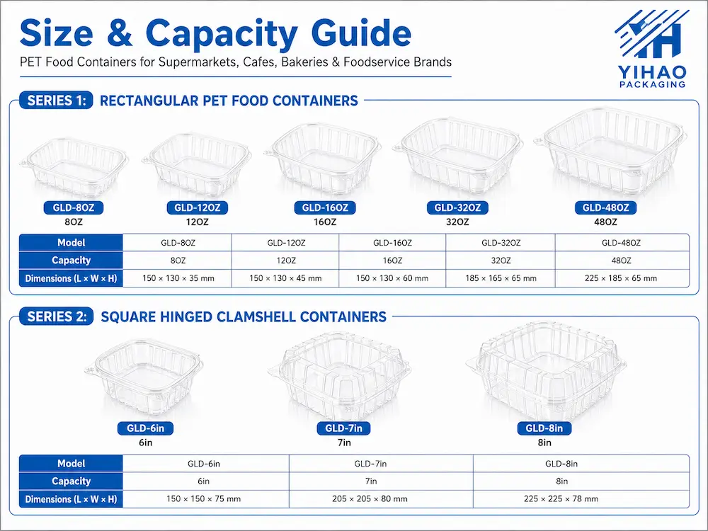 PET food container size and capacity guide for rectangular trays and square hinged clamshell containers