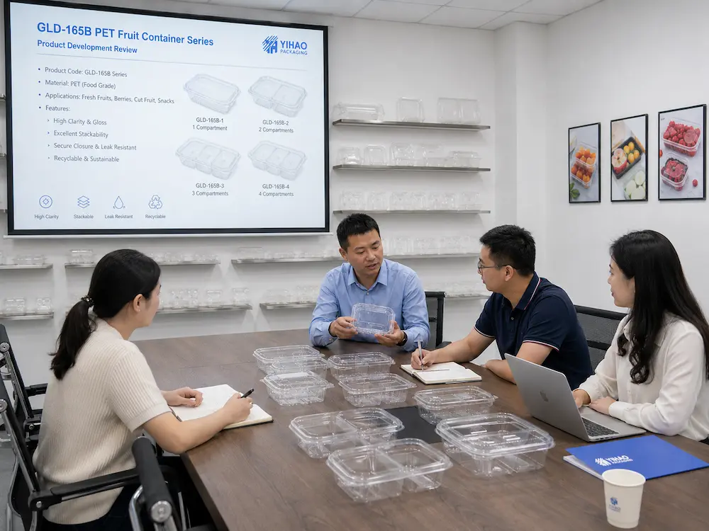 Food packaging team reviewing GLD-165B PET fruit container samples in a product development meeting