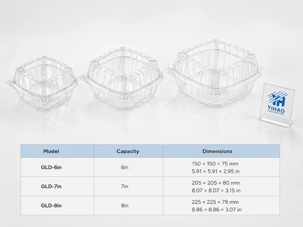 PET hinged deli container dimensions table comparing 6 in, 7 in, and 8 in square clamshell sizes.