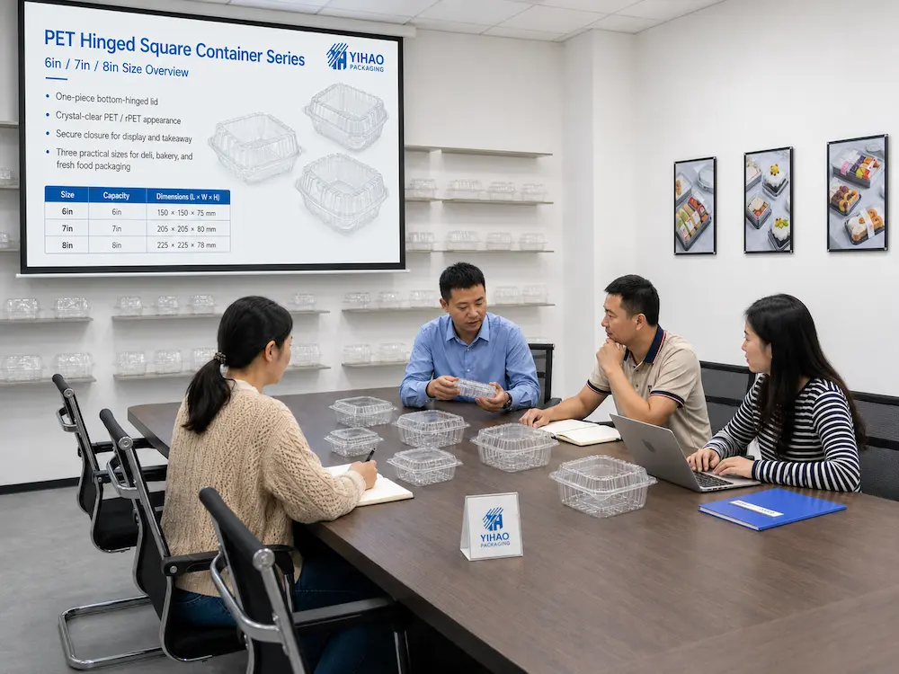 Food packaging team reviewing PET hinged deli container samples during supplier selection.