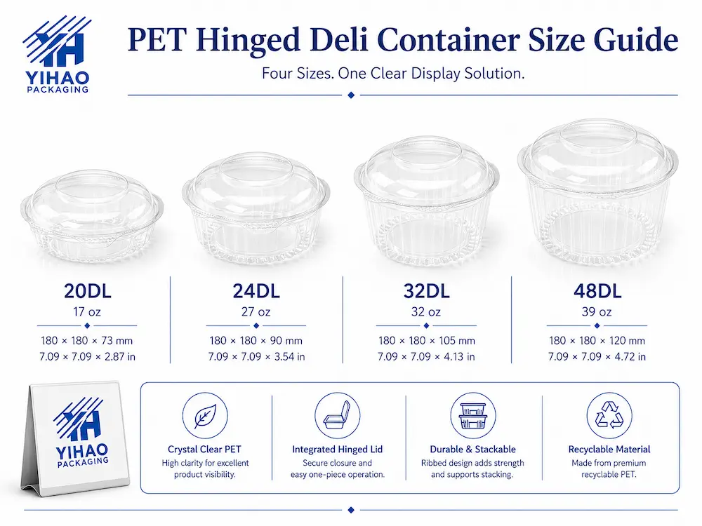 PET hinged deli container size guide with 20DL, 24DL, 32DL, and 48DL clear packaging options