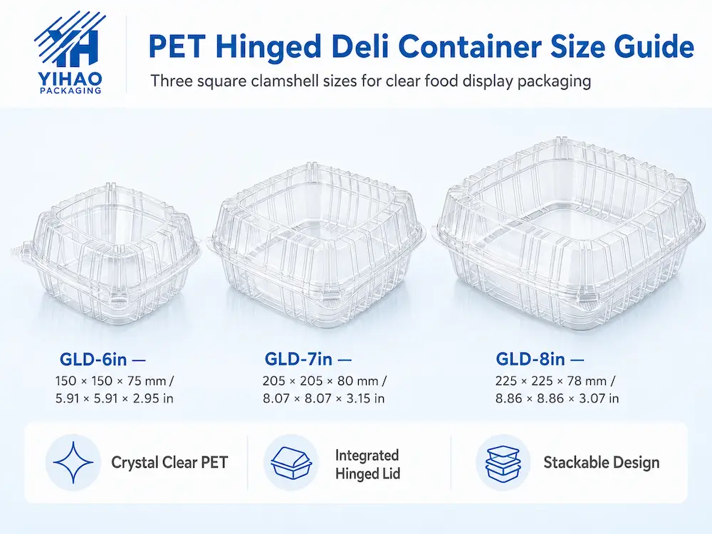 Hinged Deli Containers Buyer Guide: How Food Packaging Teams Choose PET Deli Clamshells 3 PET hinged deli container size guide showing 6 in, 7 in, and 8 in clear clamshell packaging options.