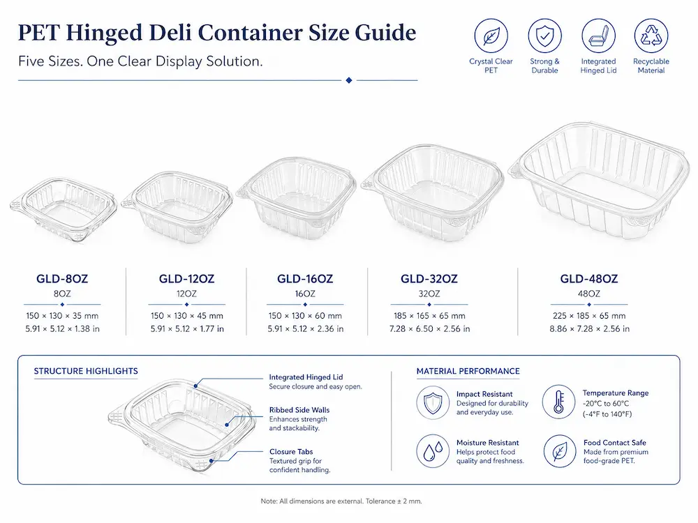 PET hinged deli container size guide showing five clear deli container sizes from 8 oz to 48 oz