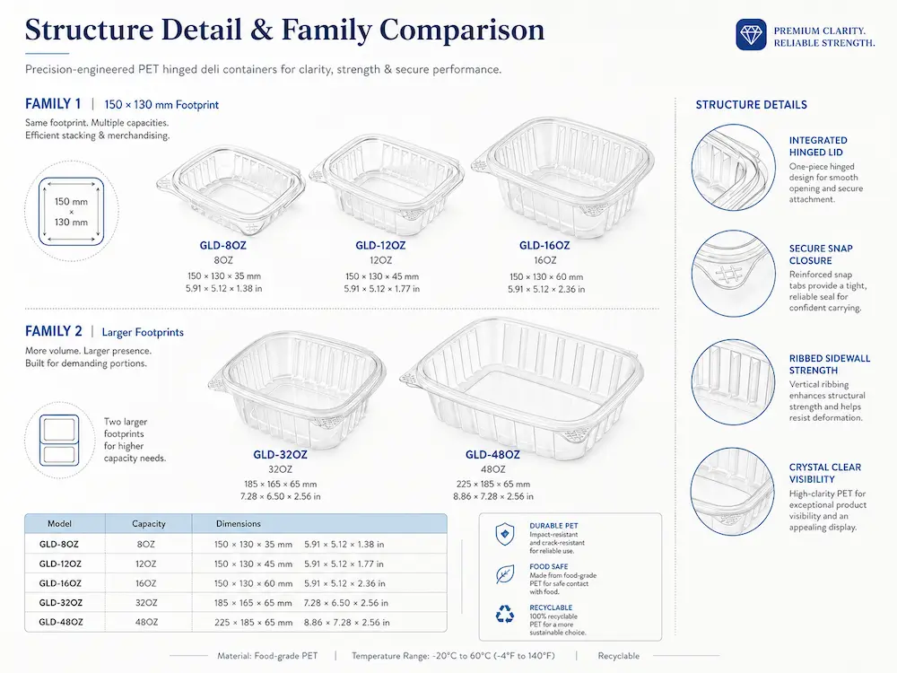 PET hinged deli container structure details and family comparison for clear food packaging buyers