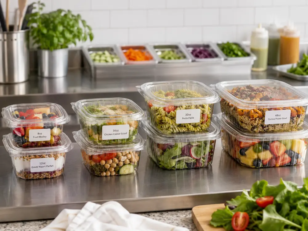 PET hinged deli containers in different capacities for fruit, yogurt, salads, pasta, and grain bowls