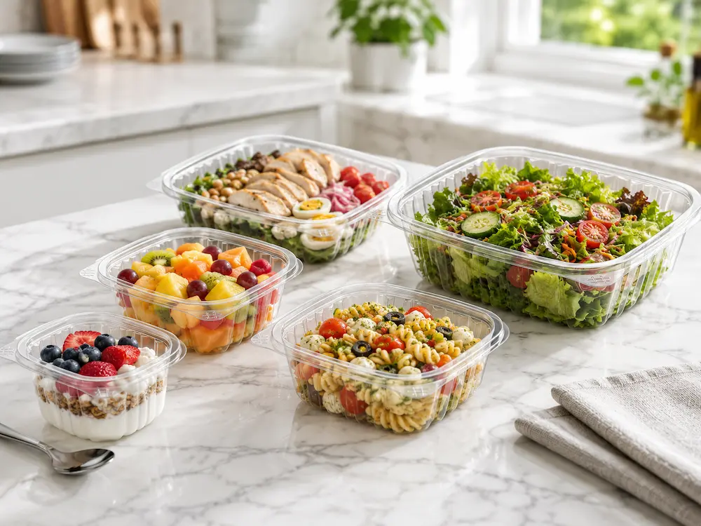 Clear PET hinged deli containers filled with salads, fruit, pasta, yogurt, and chilled ready-to-eat foods