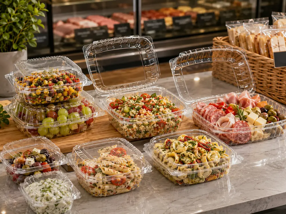 PET hinged deli containers for salad, fruit, pasta, deli snacks, cheese, and fresh food applications