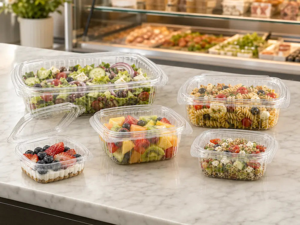 PET hinged deli containers displayed in a chilled retail deli case with salads, fruit, and pasta