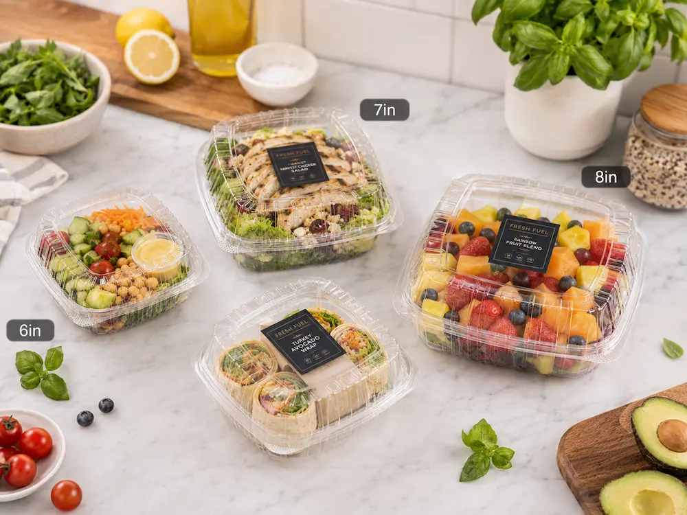PET hinged deli containers in 6 in, 7 in, and 8 in sizes filled with salad, wraps, and fresh fruit.