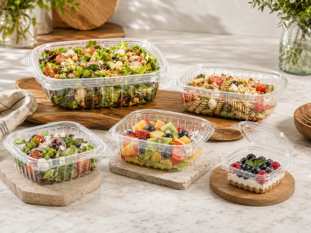Clear PET hinged deli containers for salads, fruit, pasta, yogurt, and chilled snack packaging
