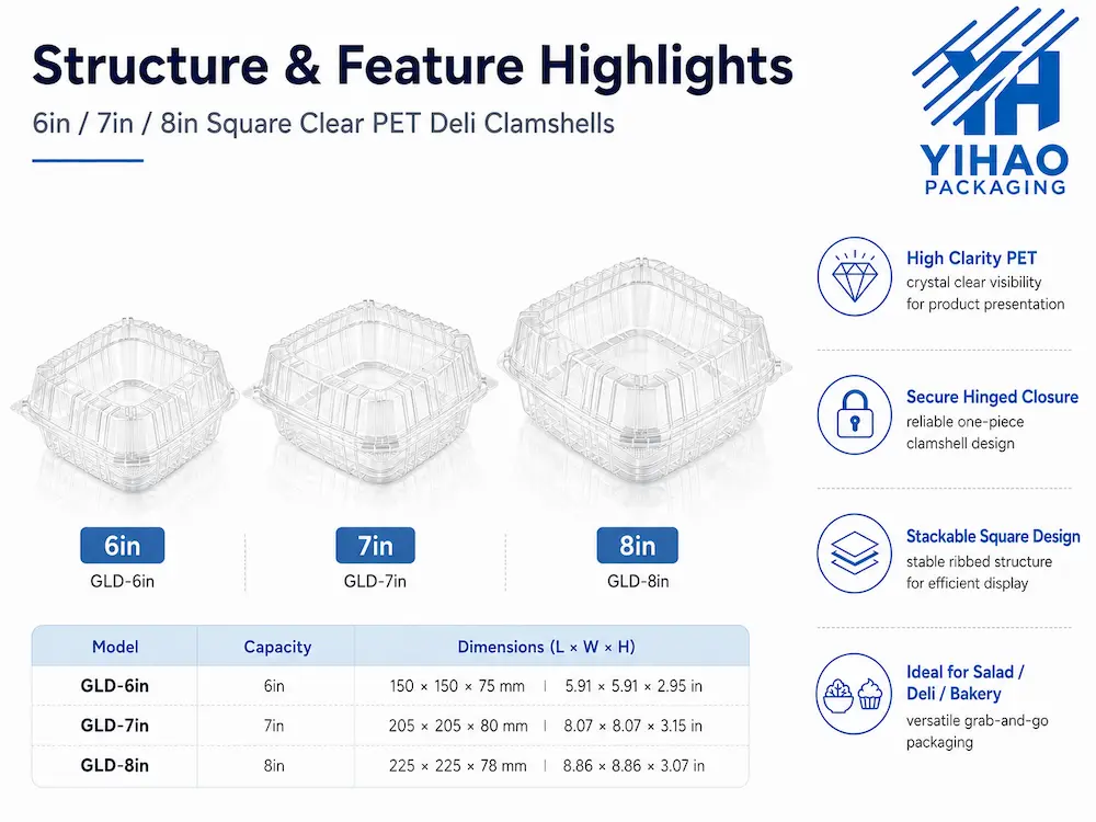 Structure and feature highlights of clear PET hinged deli containers with secure closure and stackable design